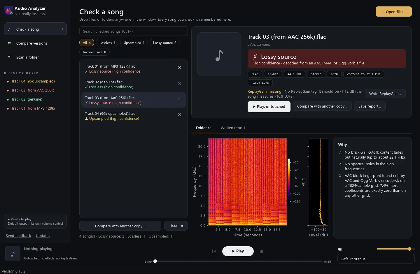 A FLAC made from a 256 kbps AAC: the spectrogram looks complete up to 22 kHz, but the app reports Lossy source because the AAC block fingerprint was found.